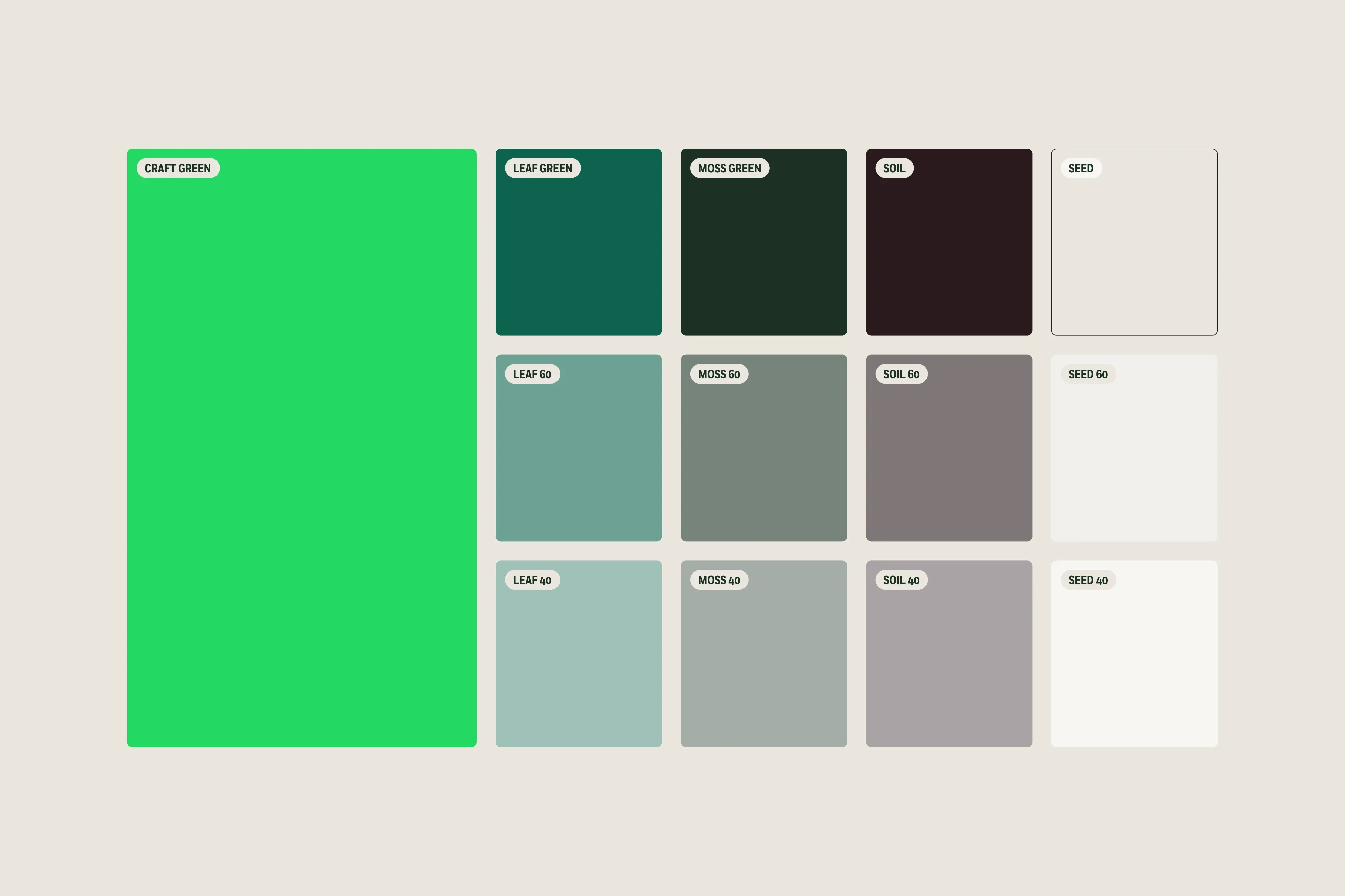 Color palette featuring swatches labeled with names like 'Craft Green,' 'Leaf Green,' 'Soil,' and 'Seed,' displaying a variety of nature-inspired hues.