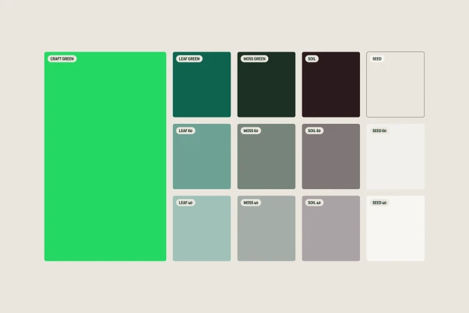 Color palette featuring swatches labeled with names like 'Craft Green,' 'Leaf Green,' 'Soil,' and 'Seed,' displaying a variety of nature-inspired hues.