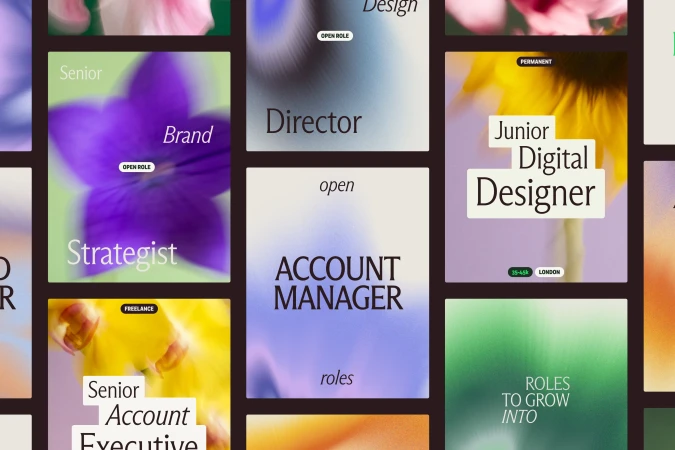Collage of graphic job postings with colorful floral backgrounds. Positions listed include Brand Strategist, Account Manager, and Digital Designer.