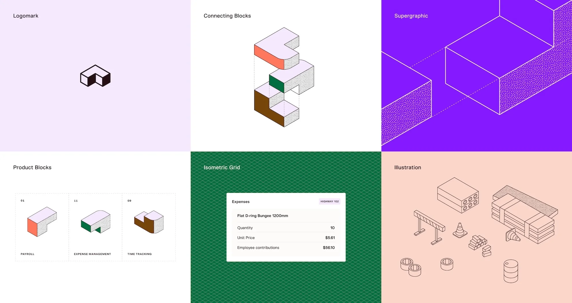 Illustration featuring isometric views of logomarks, connecting blocks, a grid, and product blocks in pastel colors on a white background.