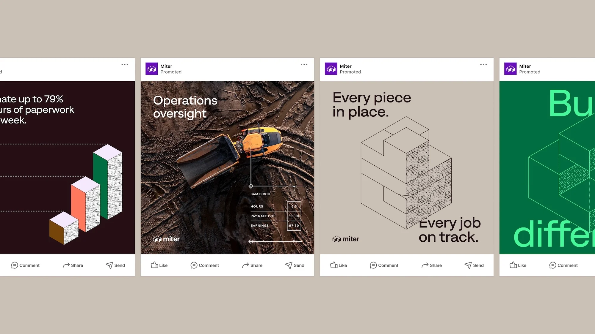 Four graphic ads for Miter with charts, construction equipment, and geometric shapes on grey and brown backgrounds; promoted.
