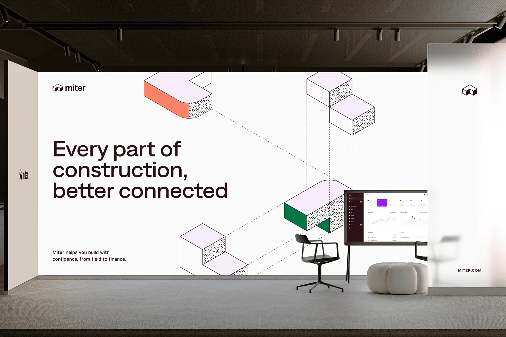 Modern architectural marketing display featuring Miter brand, geometric graphics, screen with data, and sleek chair in a minimalist setting.