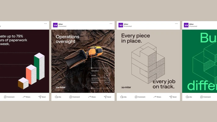 Four square promotional social media advertisements for Miter brand identity featuring typography, charts, and wireframe graphics.