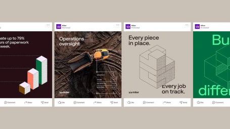 Four square promotional social media advertisements for Miter brand identity featuring typography, charts, and wireframe graphics.