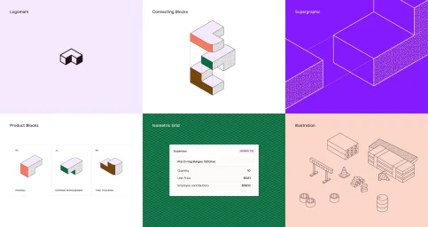 Isometric brand identity guidelines for Miter showcasing logomarks, connected blocks, supergraphics, and product UI elements