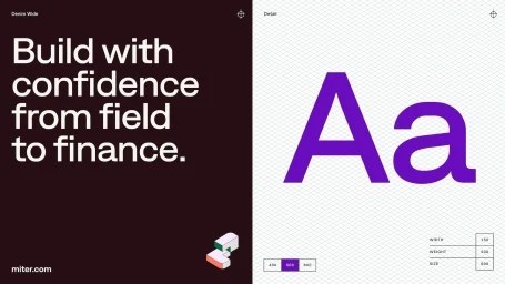 Miter brand identity design featuring typography showcase with purple Aa letters and dark background