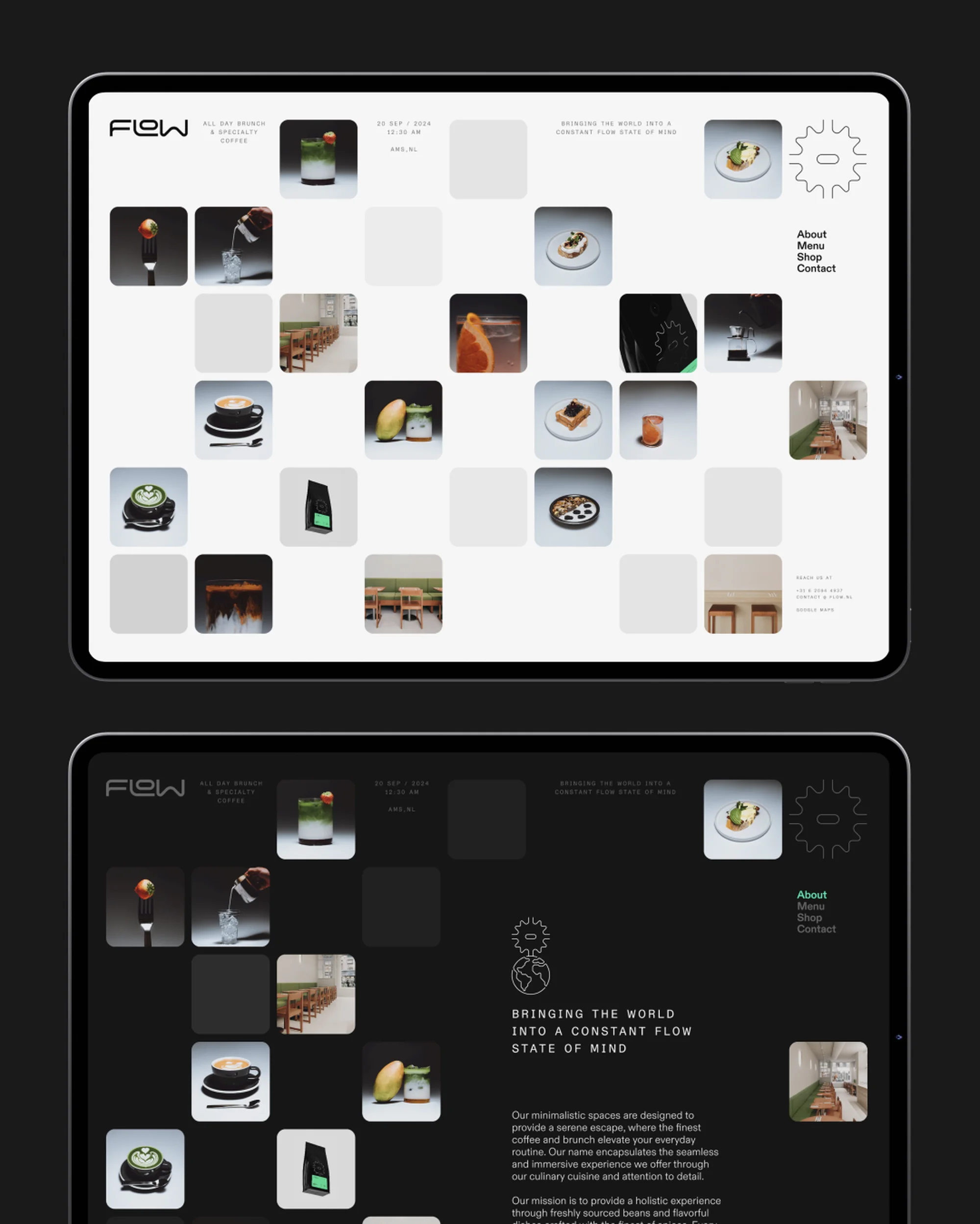 Digital art displays a collage of culinary images arranged in a tiled grid on two black tablet screens showing a website design concept.