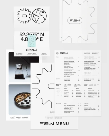 Collection of marketing materials for Flow cafe including menus, logos, and food photography, set against a clean white background.