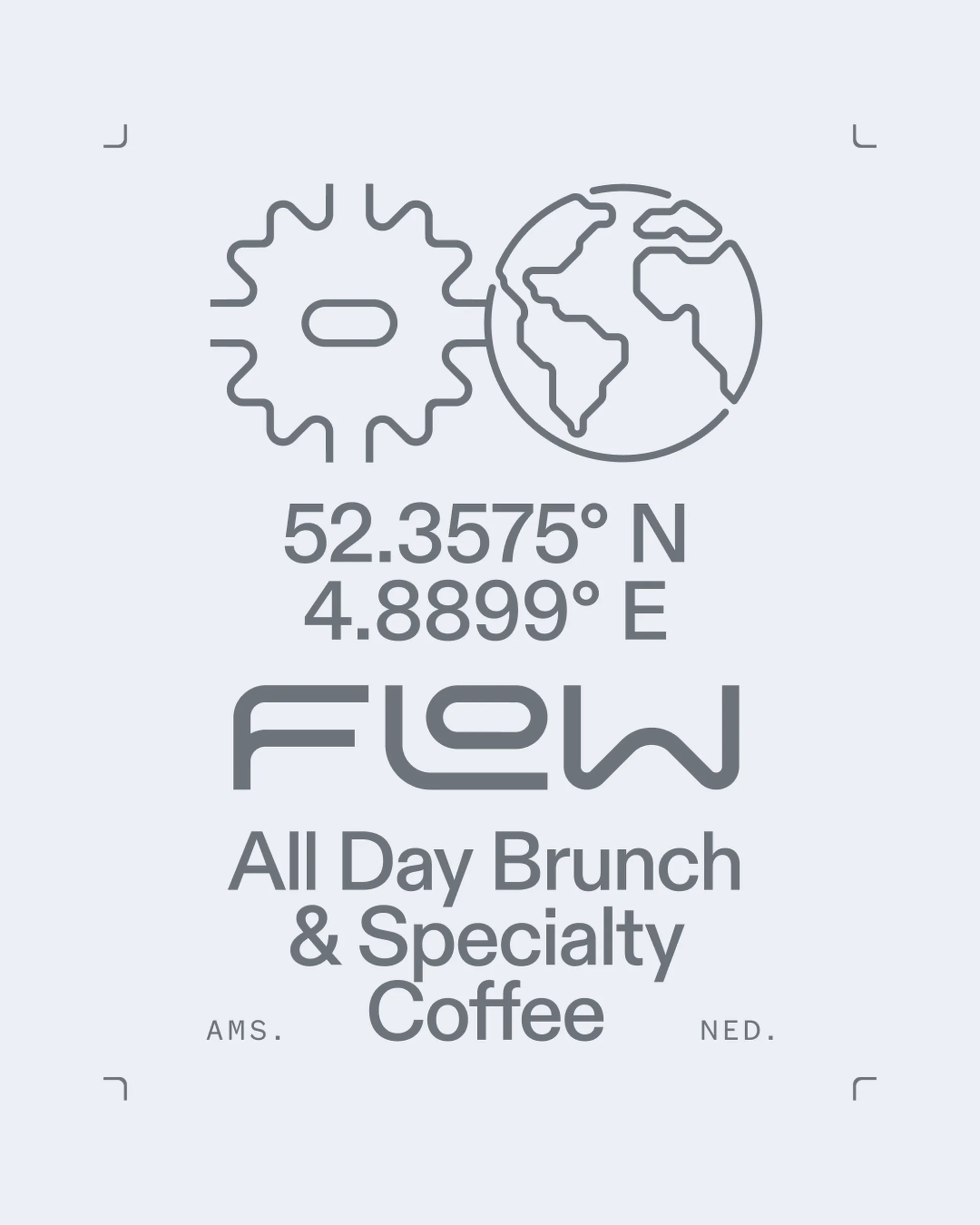 Stylized logo with a gear, globe, and coordinates for 'Flow All Day Brunch & Specialty Coffee,' featuring urban-minimalist design elements.