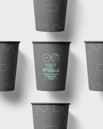 Dark grey paper coffee cups with a patterned line design and turquoise Flow brand logo arranged on a white background