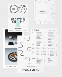 Flat lay of brand identity materials for Flow including menus, graphic gear icons, coordinates, and typography on white paper
