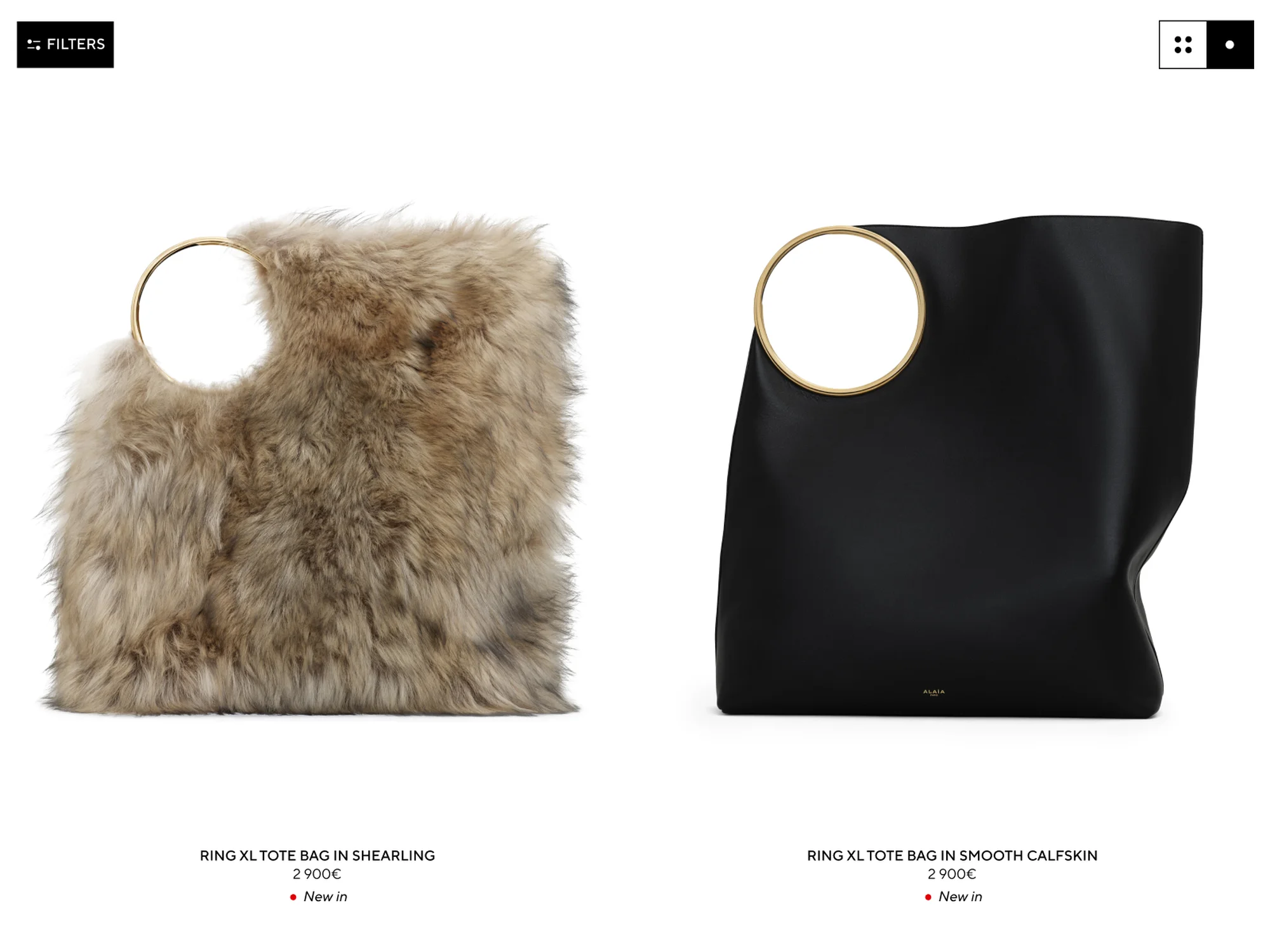 Two tote bags, one in shearling with a round handle, and one in smooth black calfskin with a round handle, side-by-side on a white background.