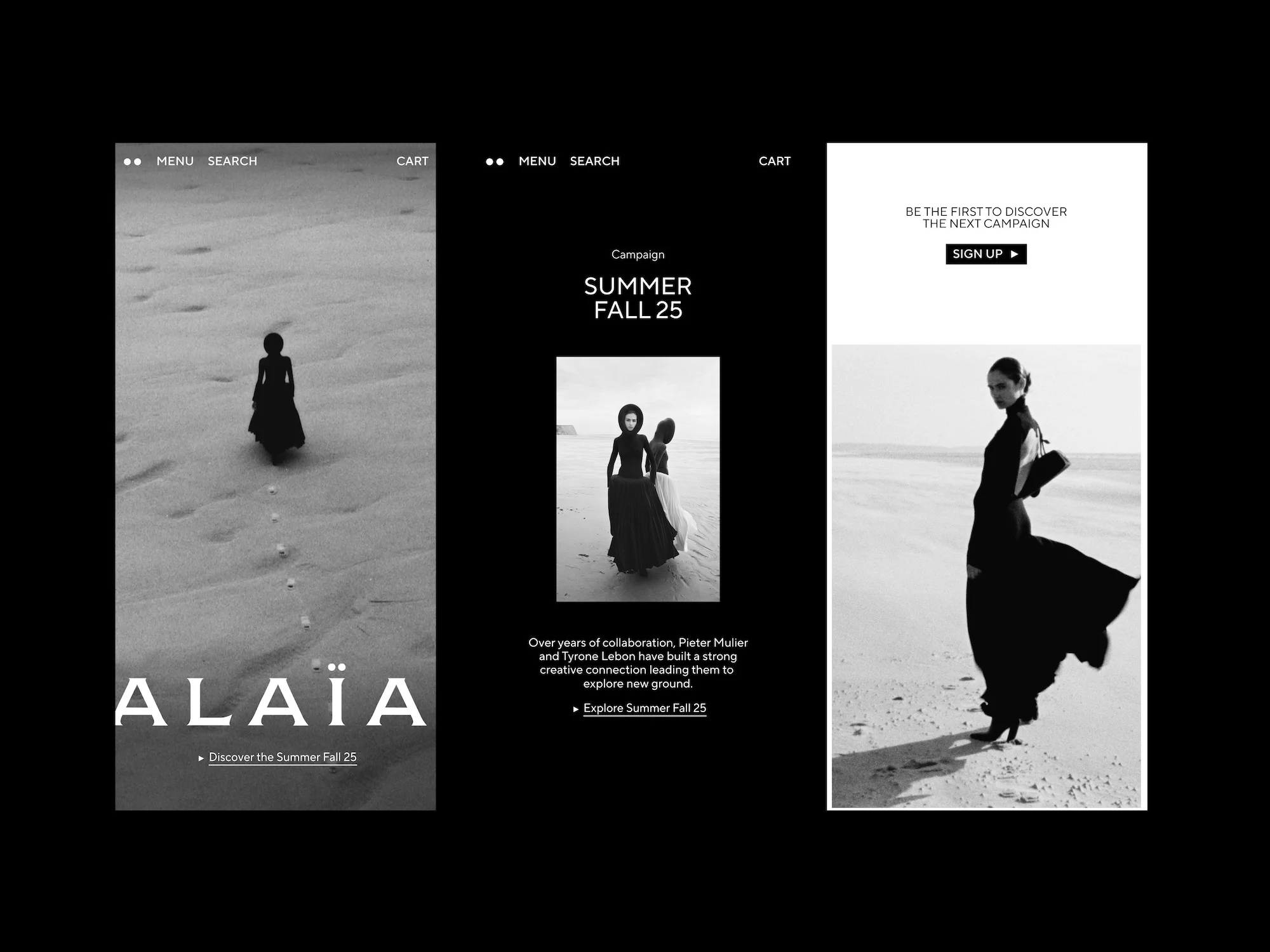 Black and white fashion campaign featuring women in elegant gowns on a beach, showcasing a minimalist aesthetic for summer and fall.