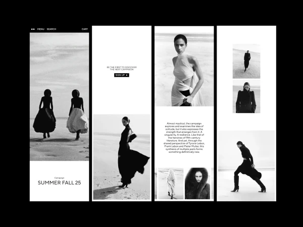 Black-and-white fashion campaign showing two women on a beach, model portraits, and fashion shots with the text Summer Fall 25.