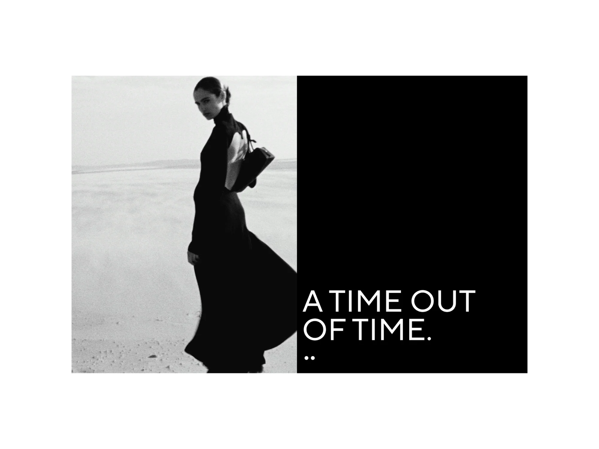 Elegant woman in black dress poses on a sandy beach with a black handbag, half of image has black background with text overlay.