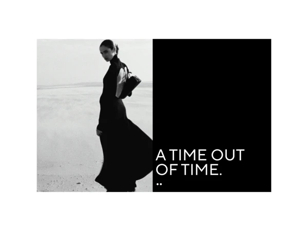 Elegant woman in black dress poses on a sandy beach with a black handbag, half of image has black background with text overlay.