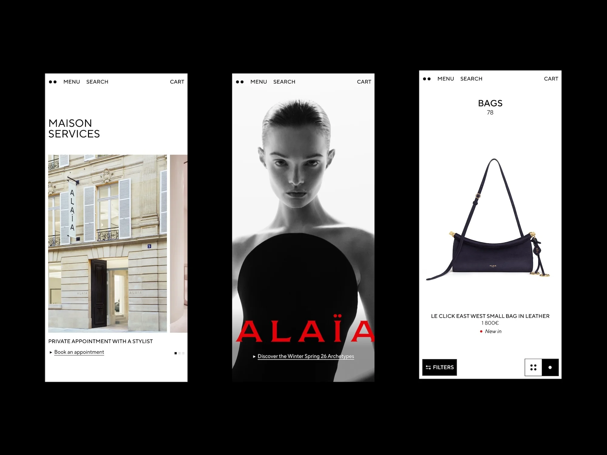 Three mobile phone screens show Alaïa website: fashion boutique exterior, model portrait, and handbag product details on a black backdrop.