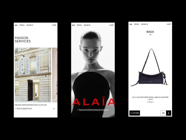 Three mobile phone screens show Alaïa website: fashion boutique exterior, model portrait, and handbag product details on a black backdrop.