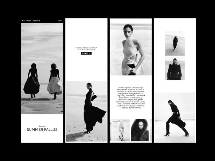 Black and white web design mockup showcasing Alaïa campaign imagery with models on a beach
