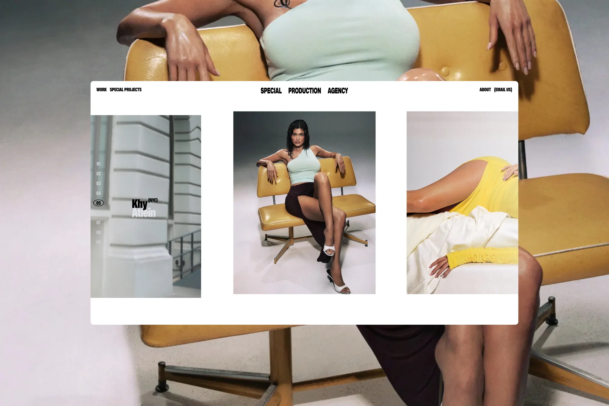 Collage of a website with three lifestyle images: a building, a woman sitting in a yellow chair, and a woman's lower body on a chair.