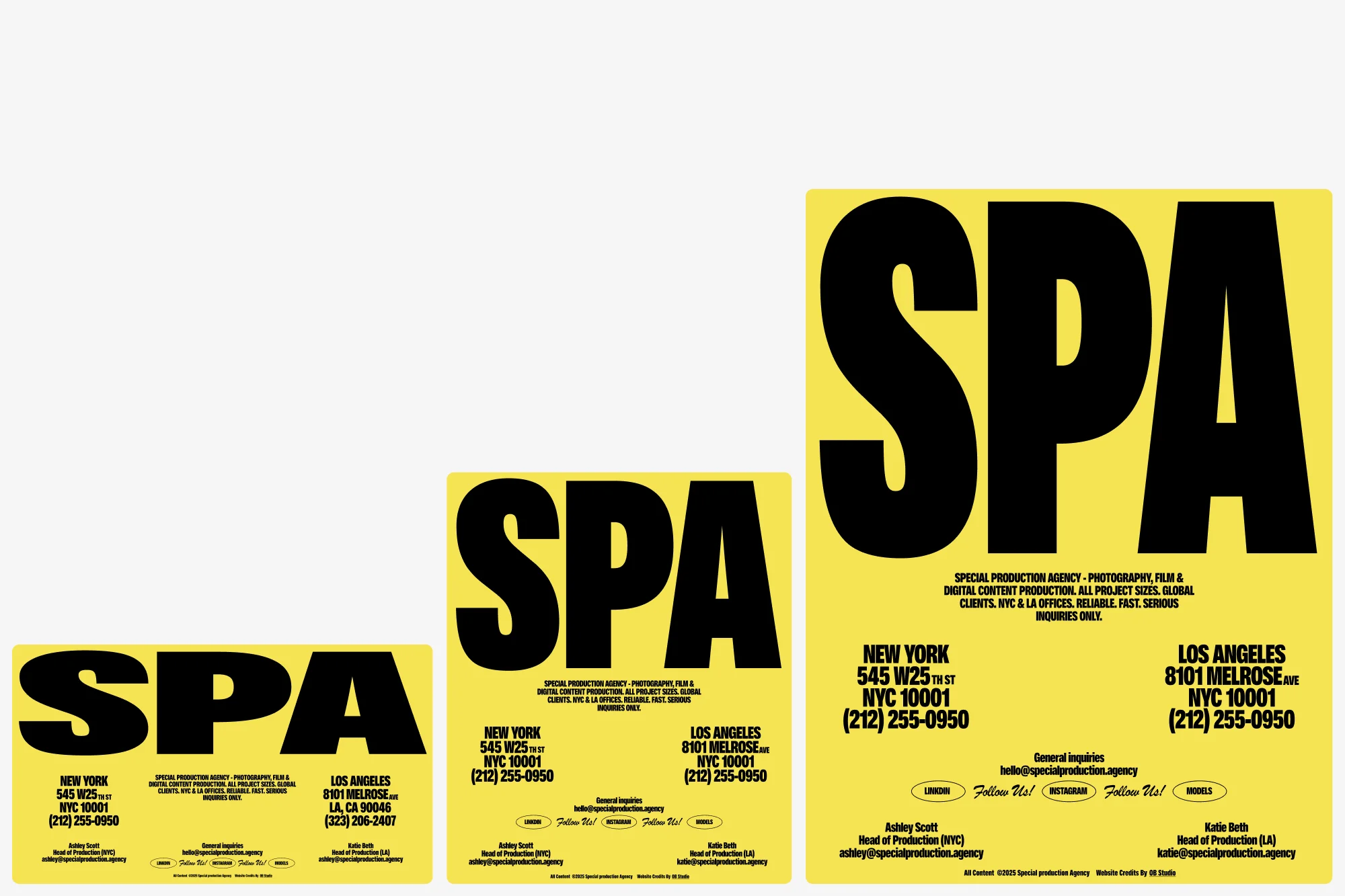 Promotional posters for SPA special production agency with New York and Los Angeles contact information on a white background.