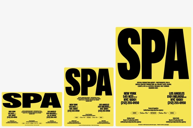 Promotional posters for SPA special production agency with New York and Los Angeles contact information on a white background.