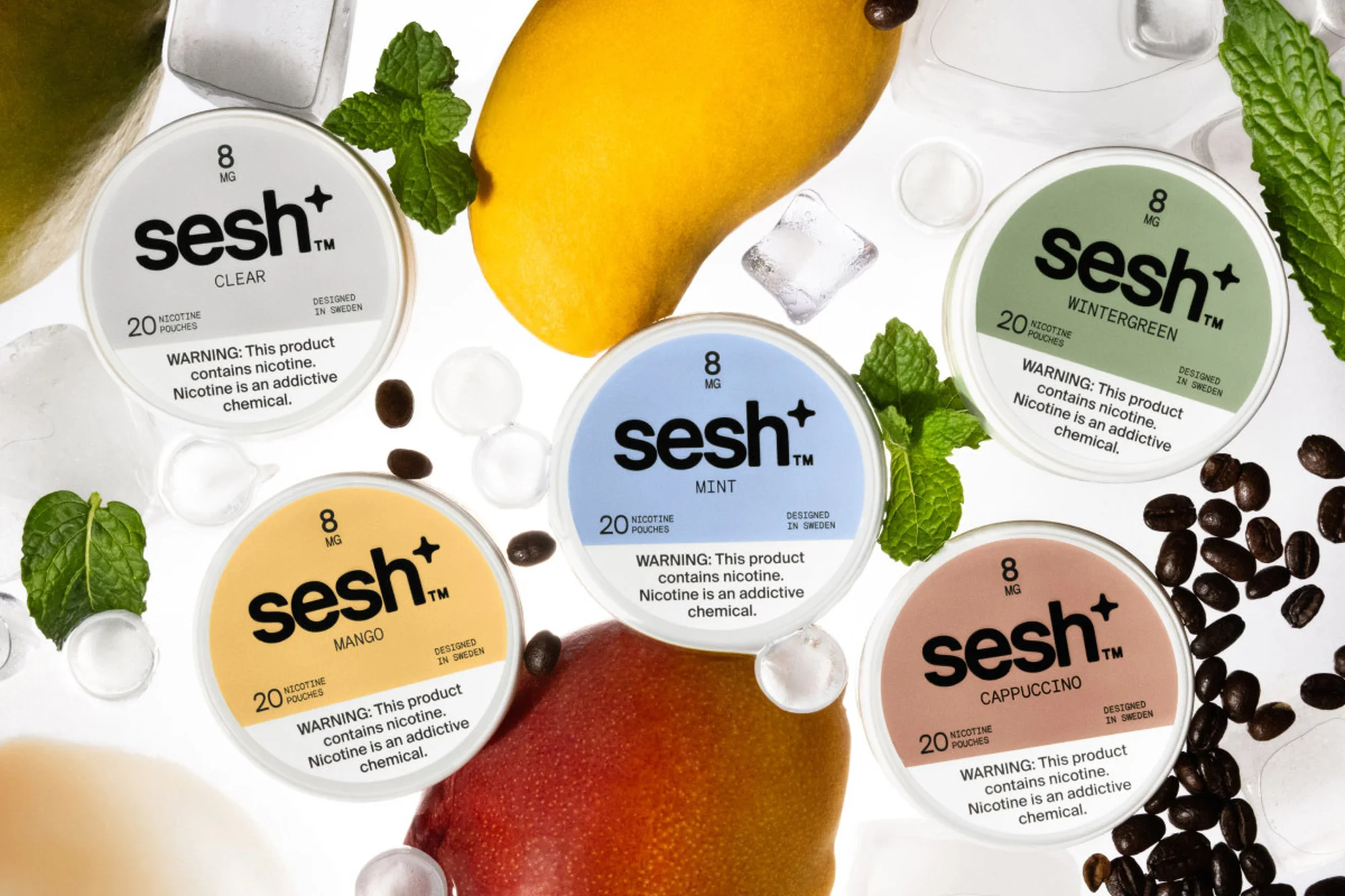 Close-up product shot featuring multiple cans of Sesh nicotine pouches with fruit and mint flavorings, ice cubes, and coffee beans.