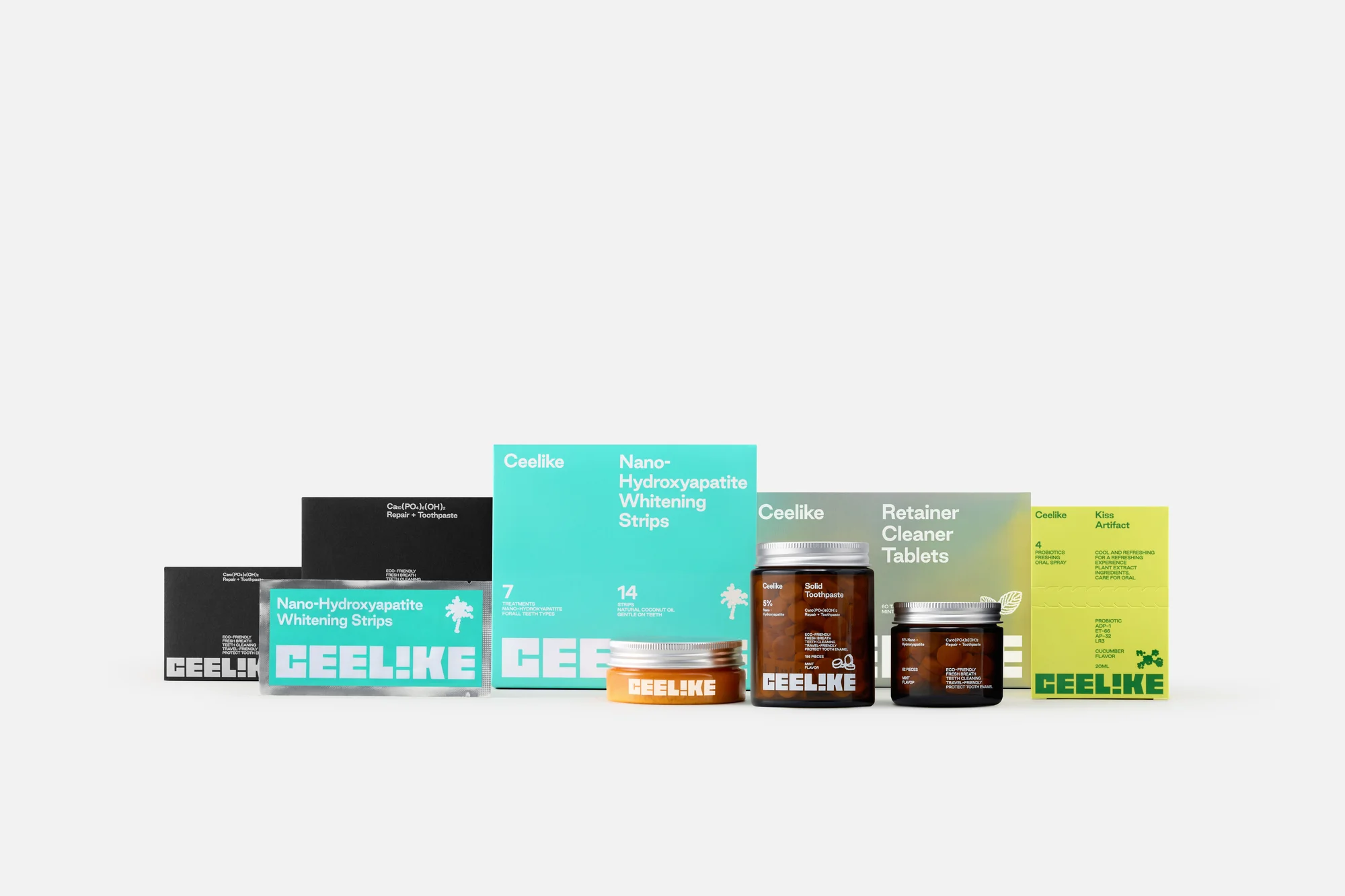 Ceelike brand dental care product packaging including toothpaste, whitening strips, and retainer cleaner tablets in a clean studio setting.