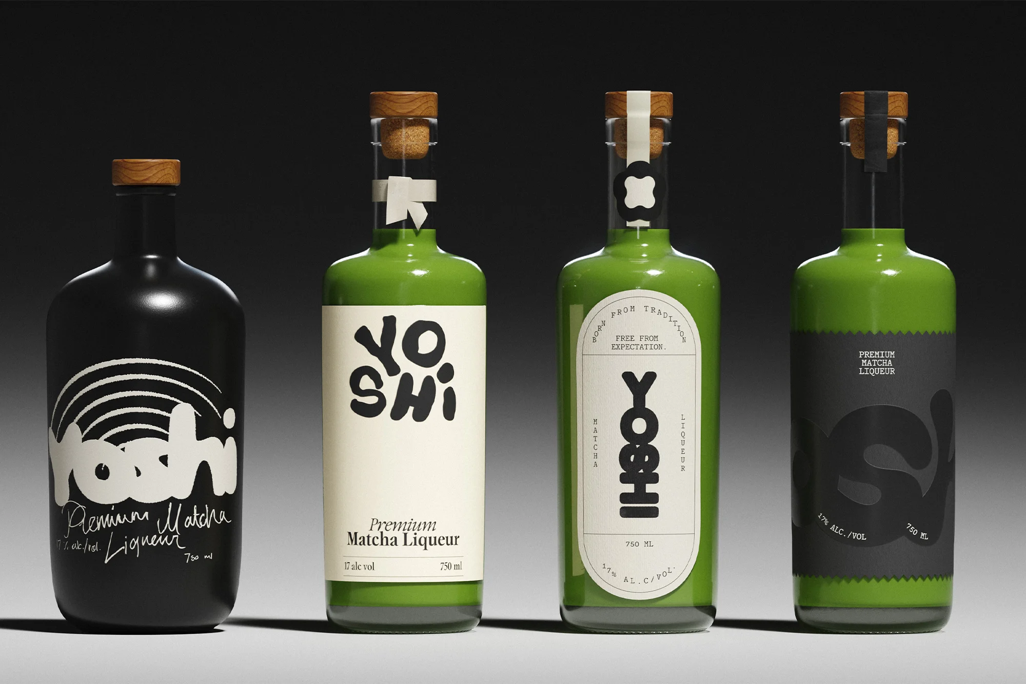 Four stylized bottles of Yoshi Matcha Liqueur with wood and cork tops are displayed against a gradient gray background in a studio setting.