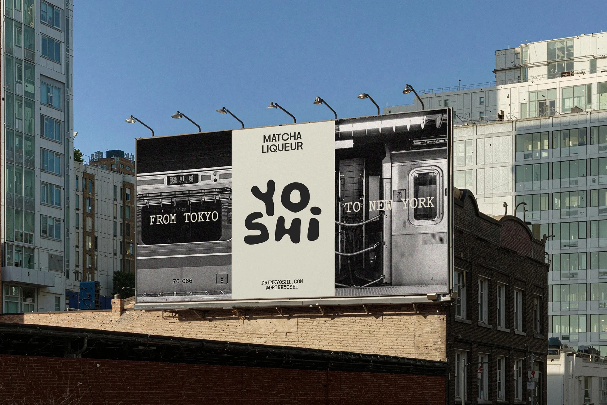 Billboard advertisement for Yoshi Matcha Liqueur in a cityscape featuring a black and white image of a subway train.