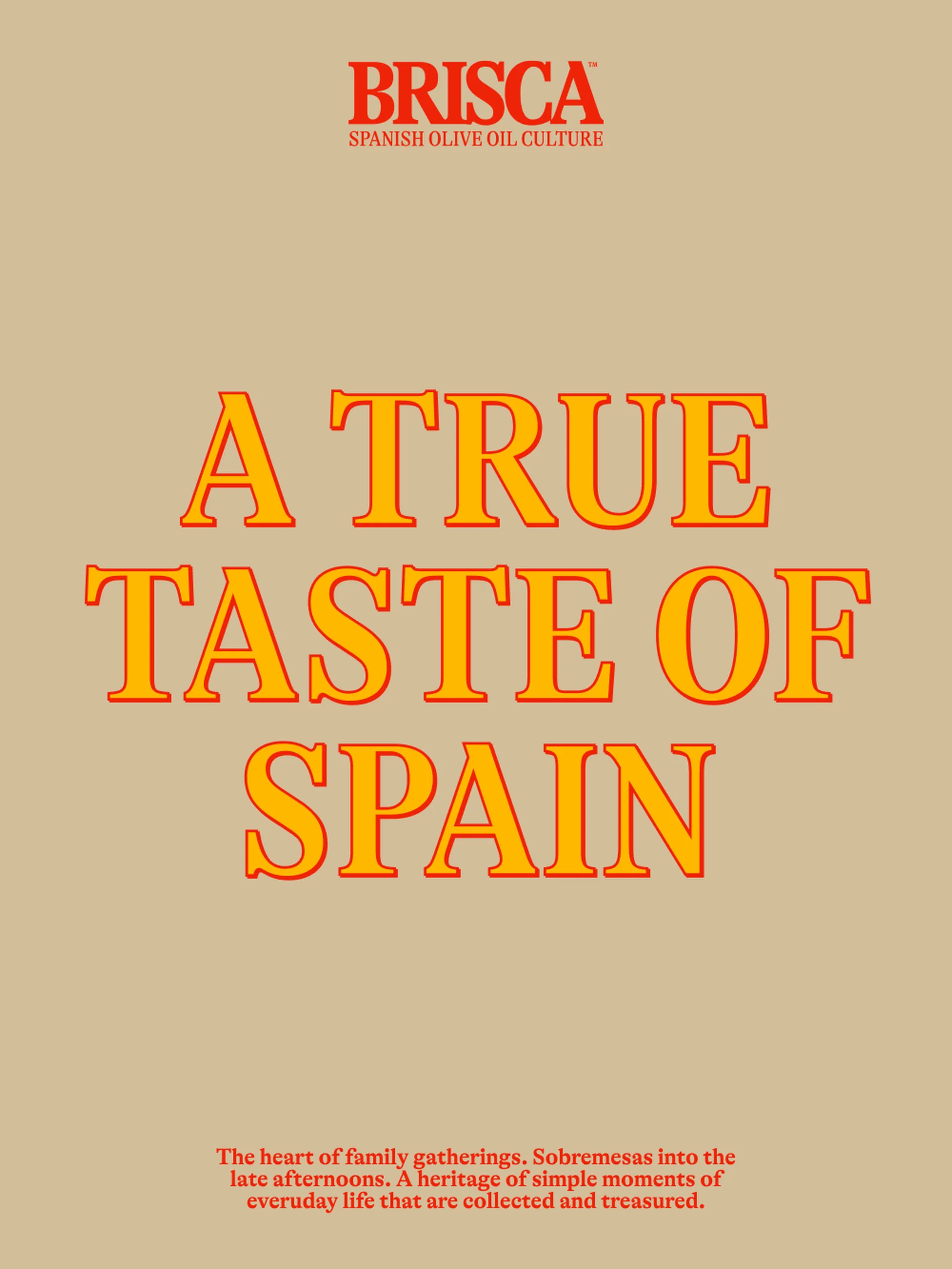 Promotional image for Brisca olive oil featuring typography in orange and red against a tan background, showcasing the brand and product origin.