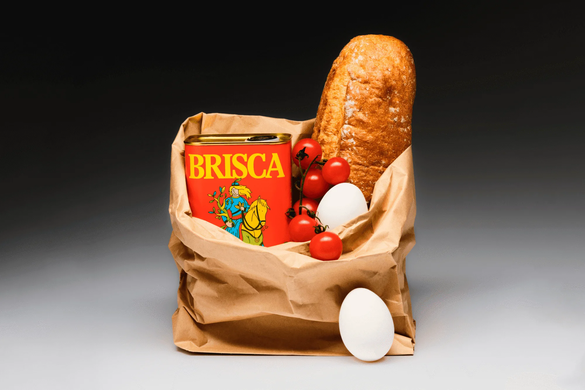 Groceries in a brown paper bag featuring a loaf of bread, eggs, tomatoes, and a red can with a vintage illustration.