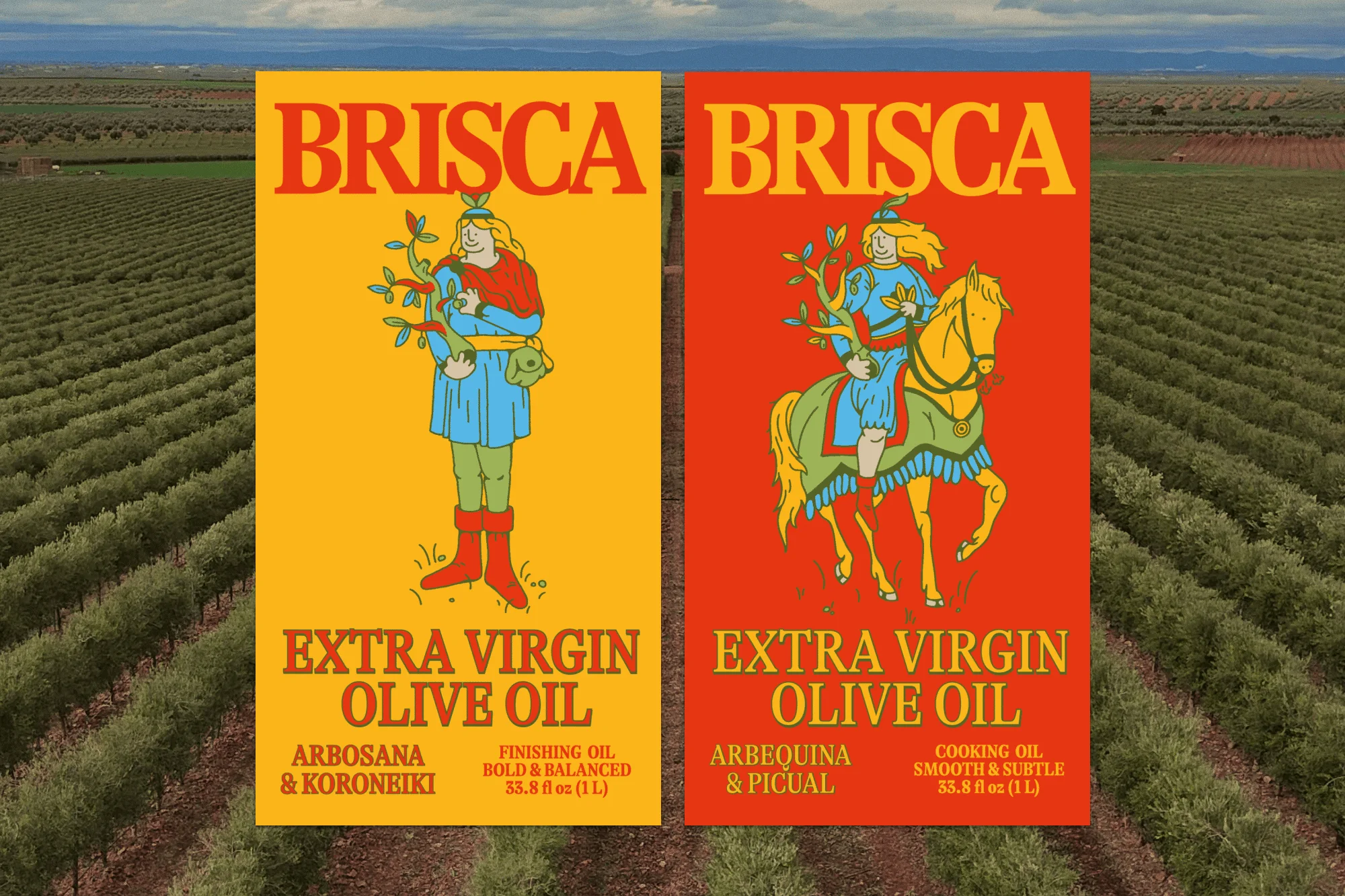 Brisca olive oil product advertisement shows two packages with different olive oil types, standing against a background of an olive grove.