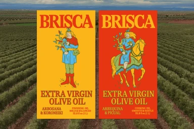 Two vertical olive oil labels featuring illustrated figures set against an aerial view of an olive grove.