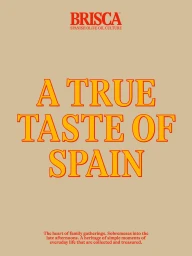 Graphic design poster featuring bold red and orange typography reading A TRUE TASTE OF SPAIN on a solid tan background.