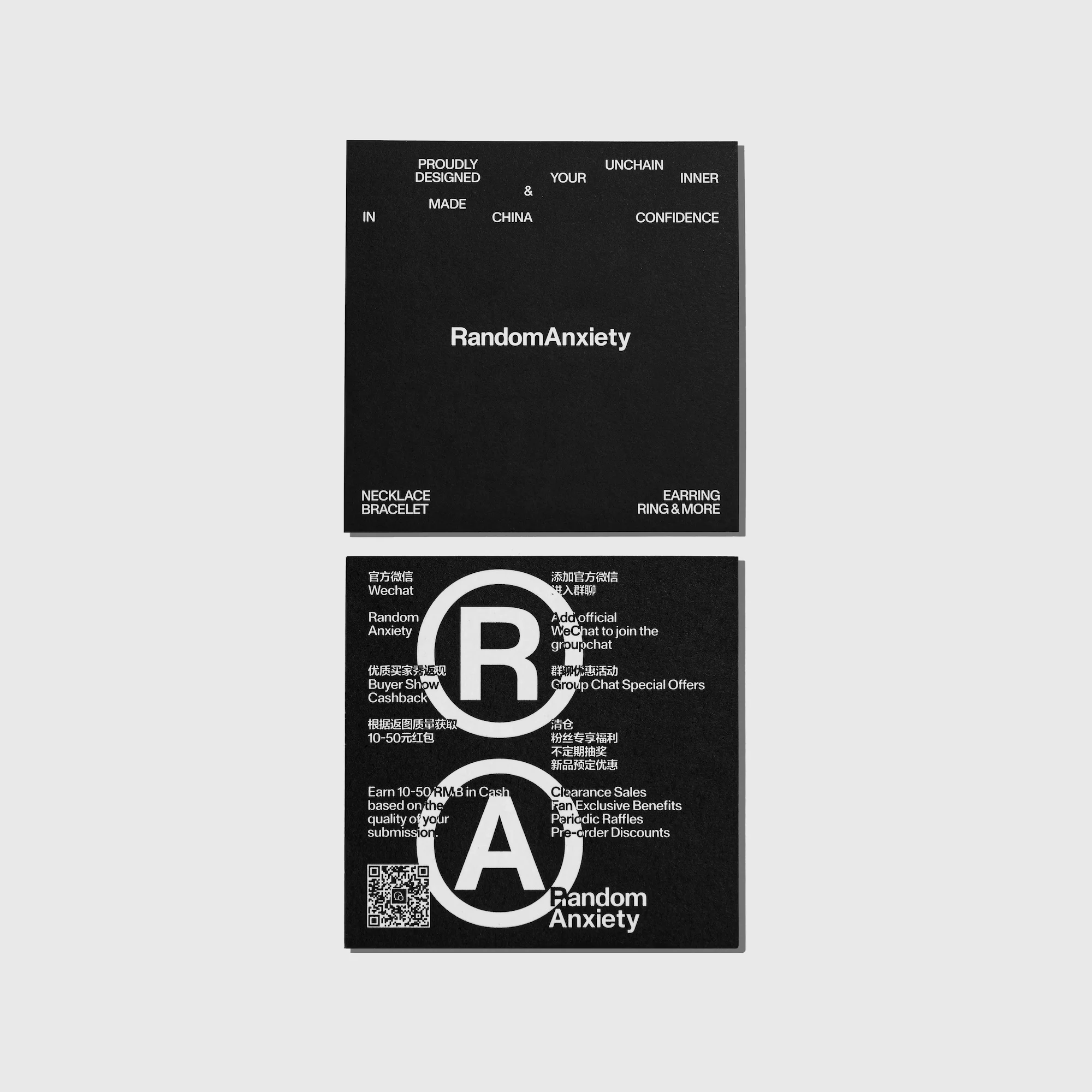 Black and white promotional card features RandomAnxiety brand logo, text about necklace, bracelets, rings, earrings, and QR code.