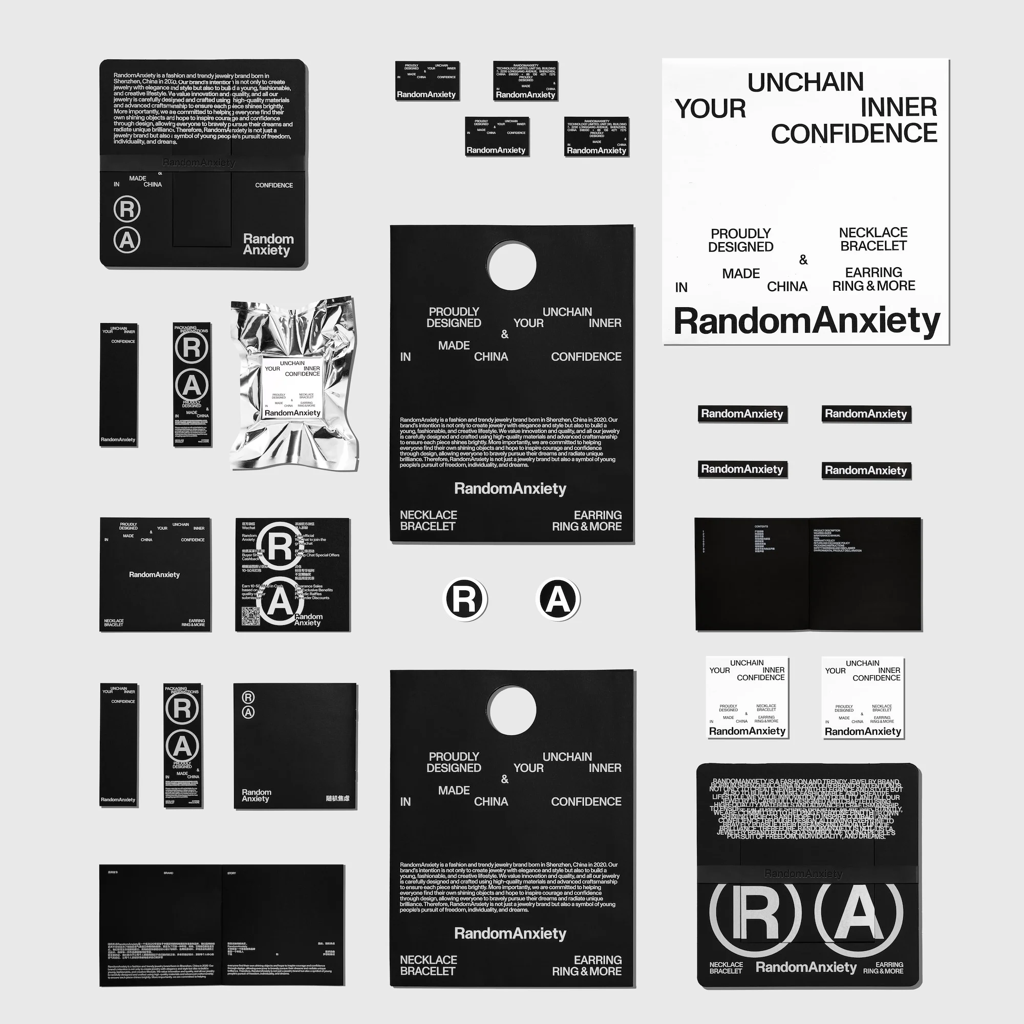 Promotional shot of Random Anxiety brand's packaging featuring tags, stickers, and cards, showcasing the brand's design and product presentation.