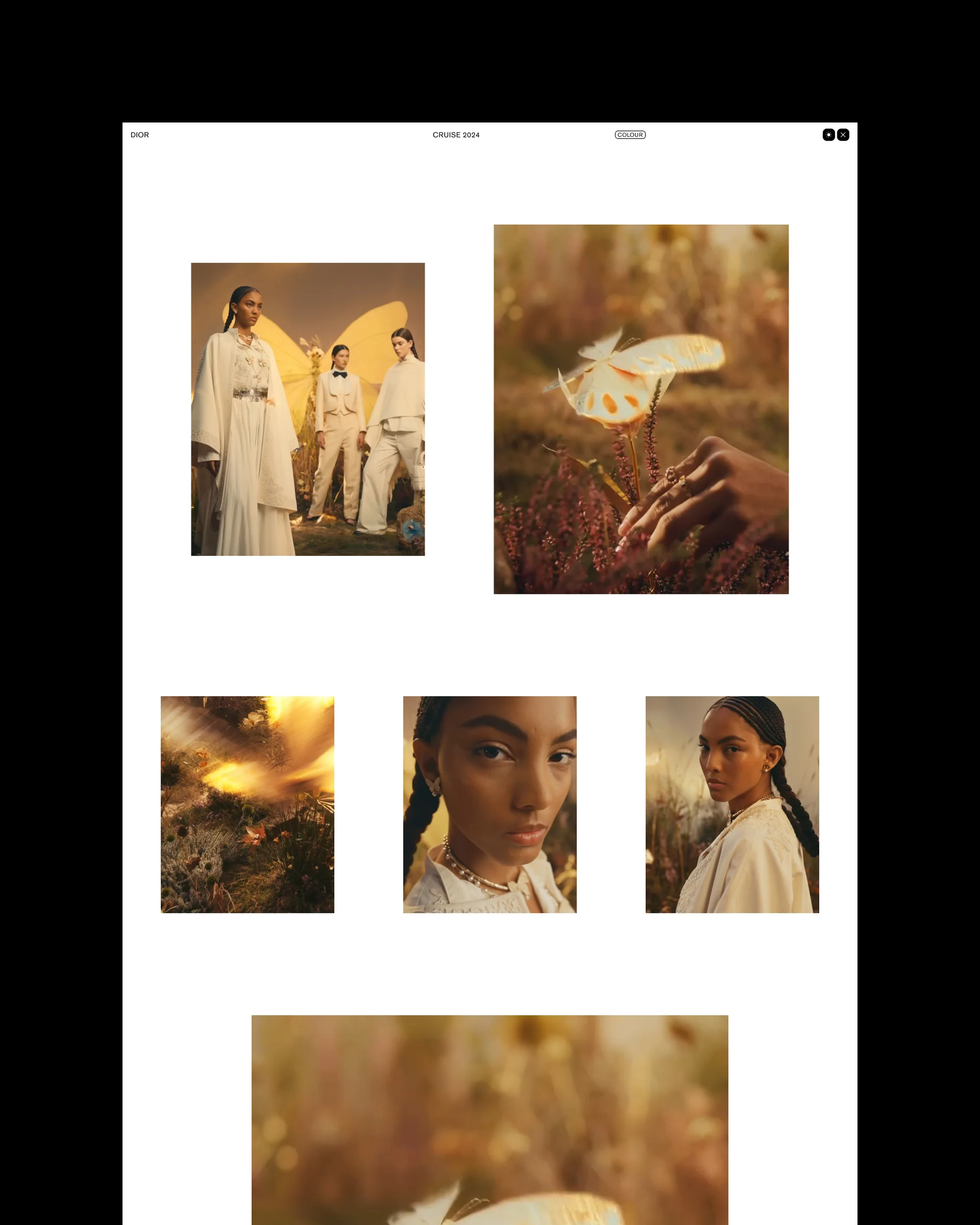 Fashion editorial layout featuring three models in cream outfits posing with a butterfly backdrop and portraits with natural lighting.