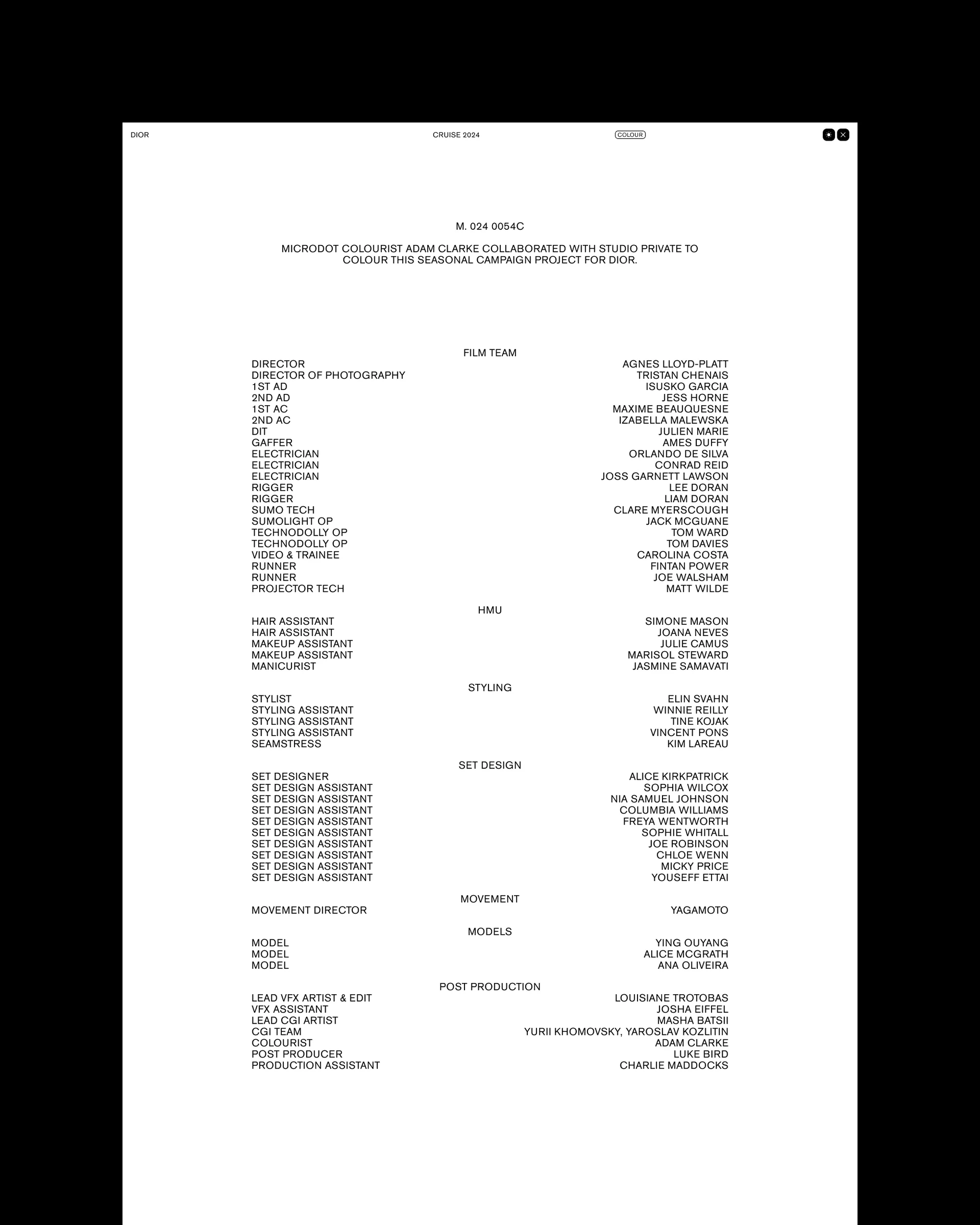 Text from a production sheet outlining crew roles and models. Information for D'ior campaign shown. List of personnel in black font.