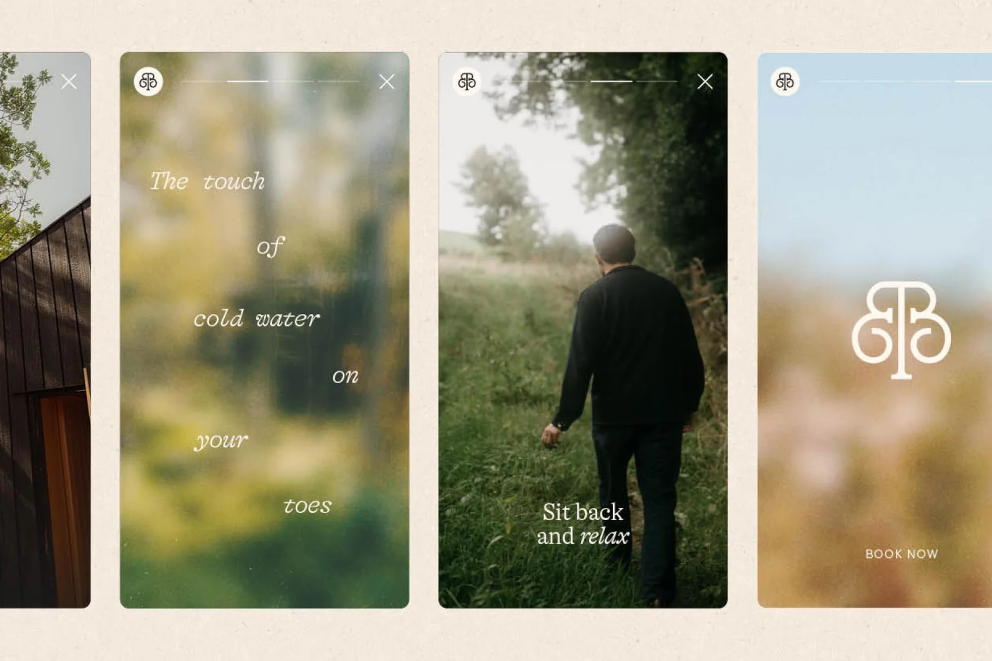 Image shows four panes: house exterior, text on a blurred background, man walking away on a path, and a logo with 'Book Now' text.