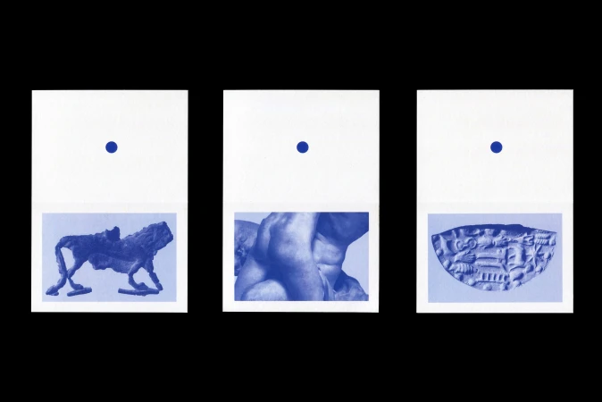 Digital artwork featuring three panels, each with a different ancient-style image and a blue dot above. Blue tint on white background.