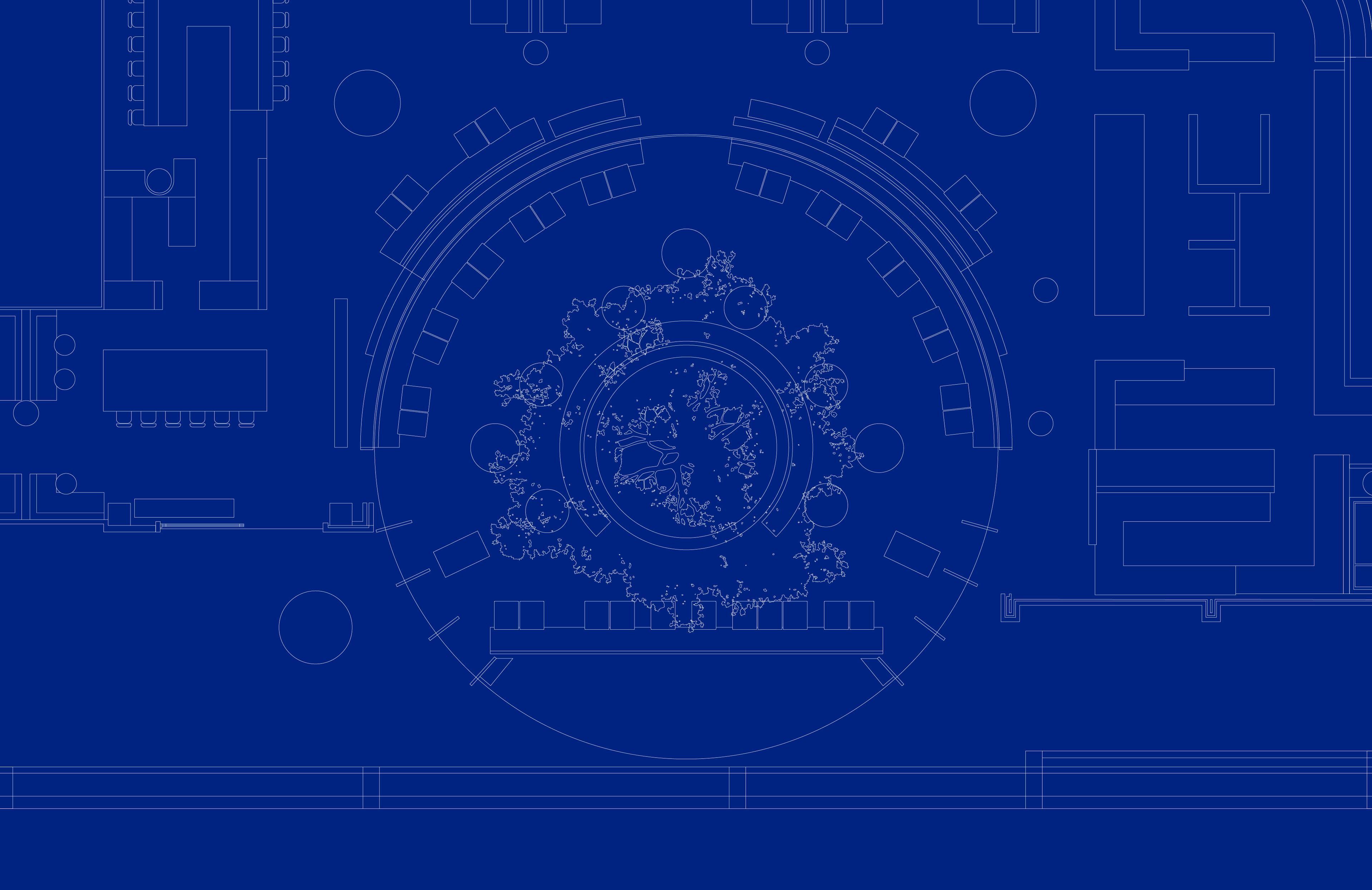 Blueprint design of architectural plans with a central circular space and surrounding furniture, rendered in a stark blue and white color scheme.
