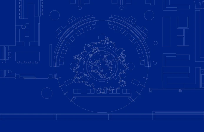 Blueprint design of architectural plans with a central circular space and surrounding furniture, rendered in a stark blue and white color scheme.
