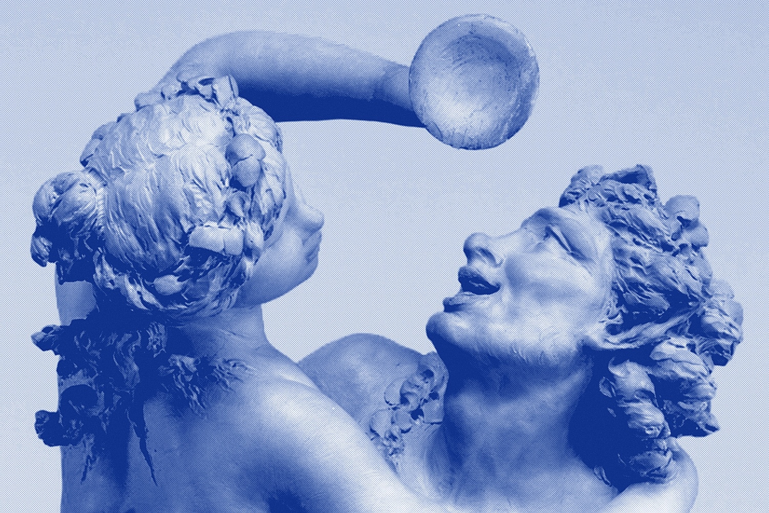 Statue of two people, one with a trumpet, rendered in monochrome blue against a light blue background, showcasing classical artistic style.