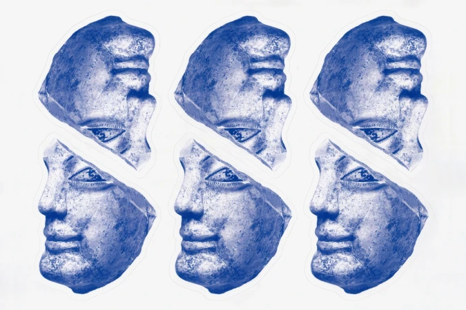 Six blue stone bust fragments arranged on a white background, showcasing detailed carving and textured surfaces with antique aesthetic.