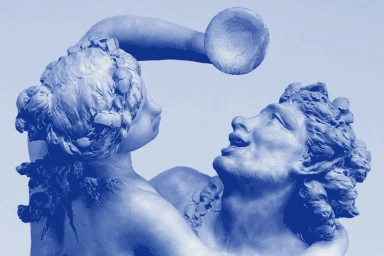 Monochrome blue sculpture depicting two classical figures interacting with a circular object against a matching background.