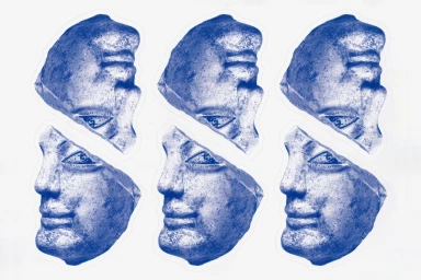 Blue tone screen print graphics featuring repeated fragments of classical stone sculpted faces on a clean white background