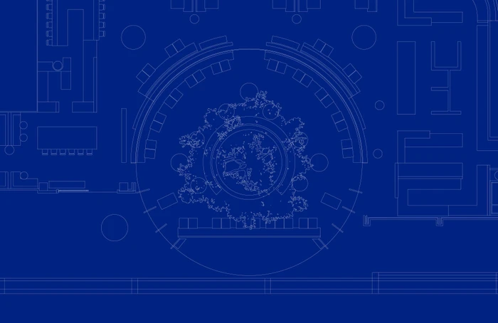 An architectural floor plan rendered in white line drawing against a solid blue background, viewed from above.