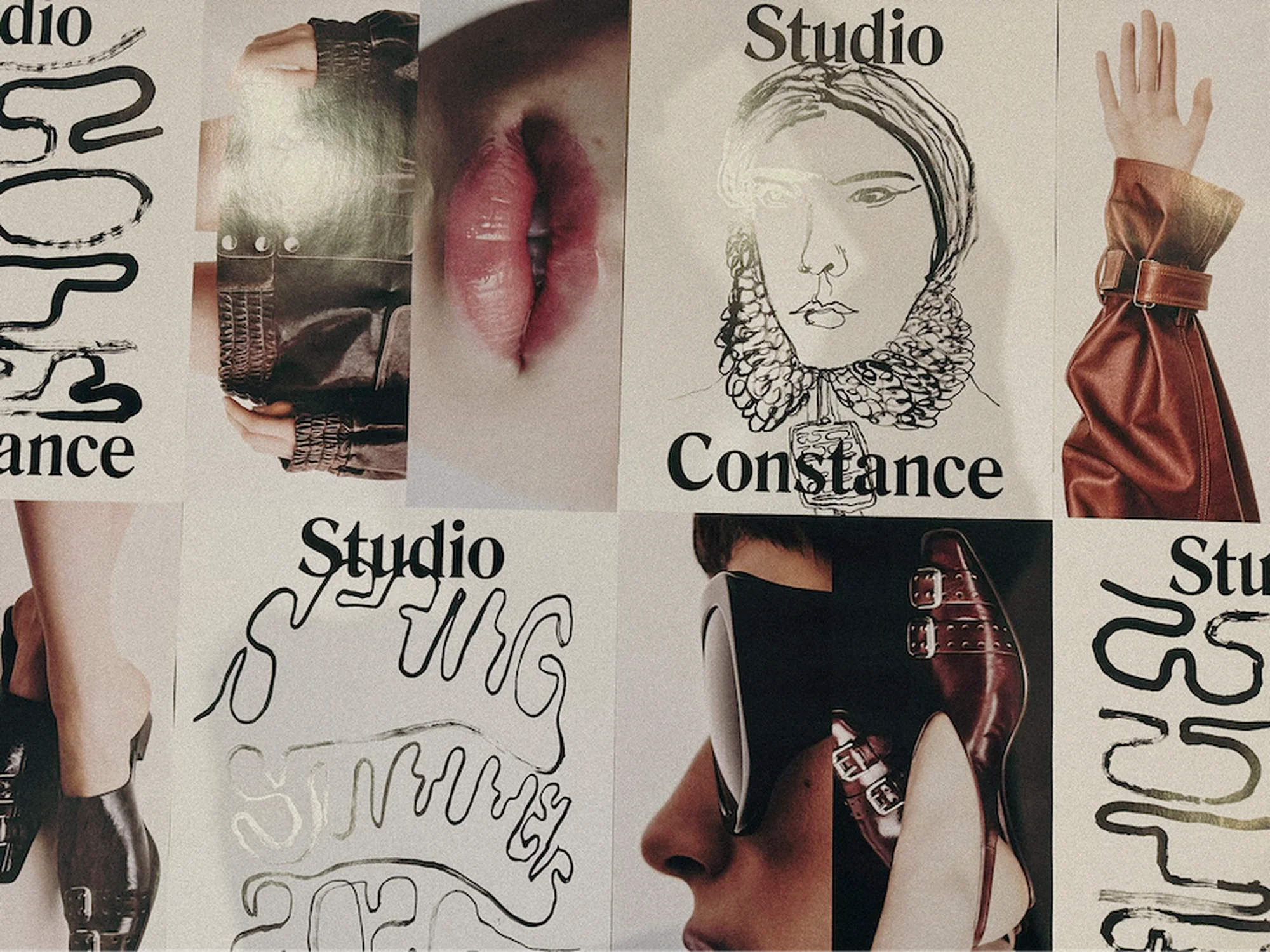 Fashion magazine collage with close-ups of human faces, hands, feet, and accessories, as well as black and white text graphics.
