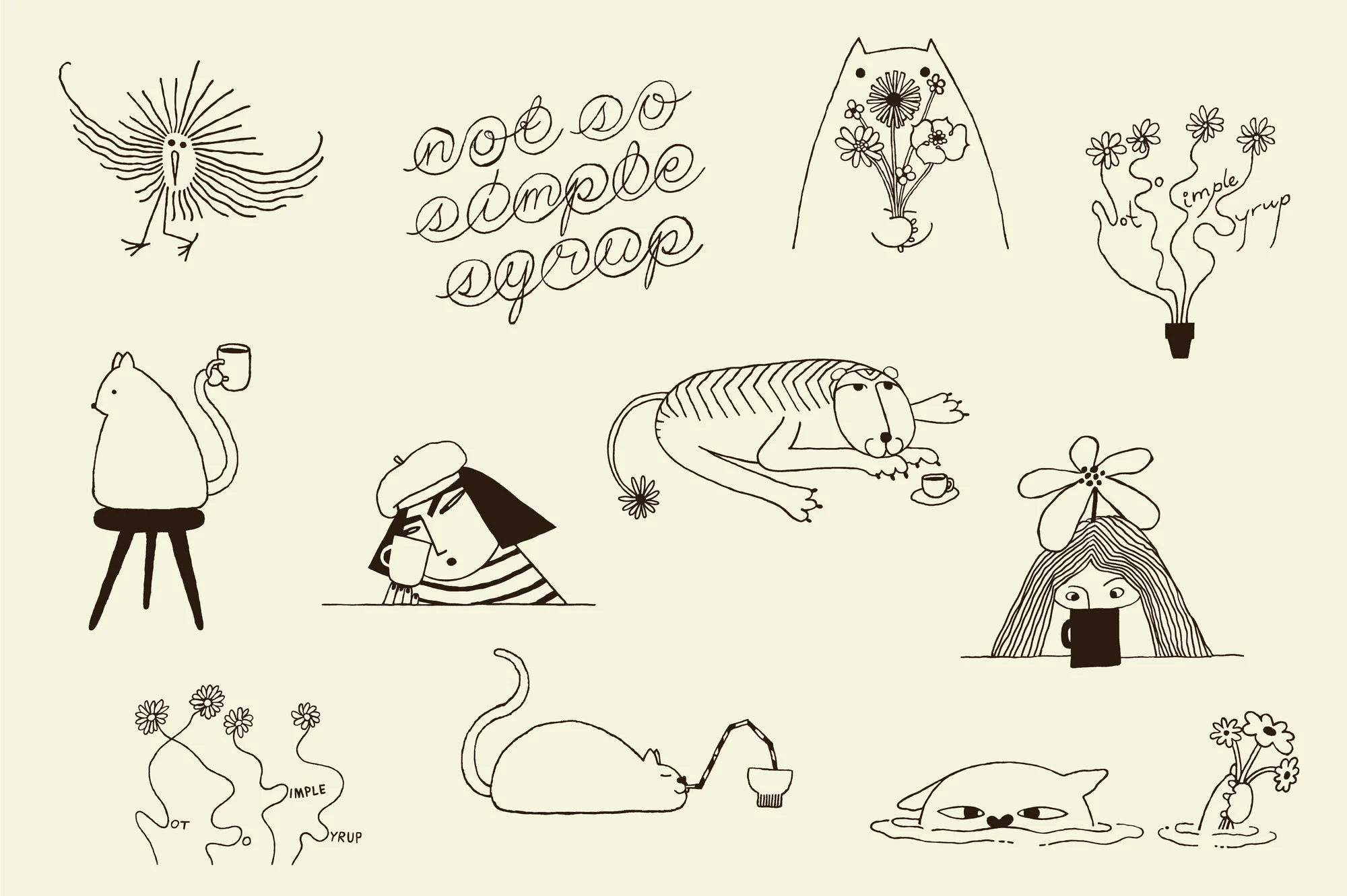 Whimsical illustration featuring stylized animals including cats, a tiger, and a mouse all drinking from cups, rendered in a monochrome palette.
